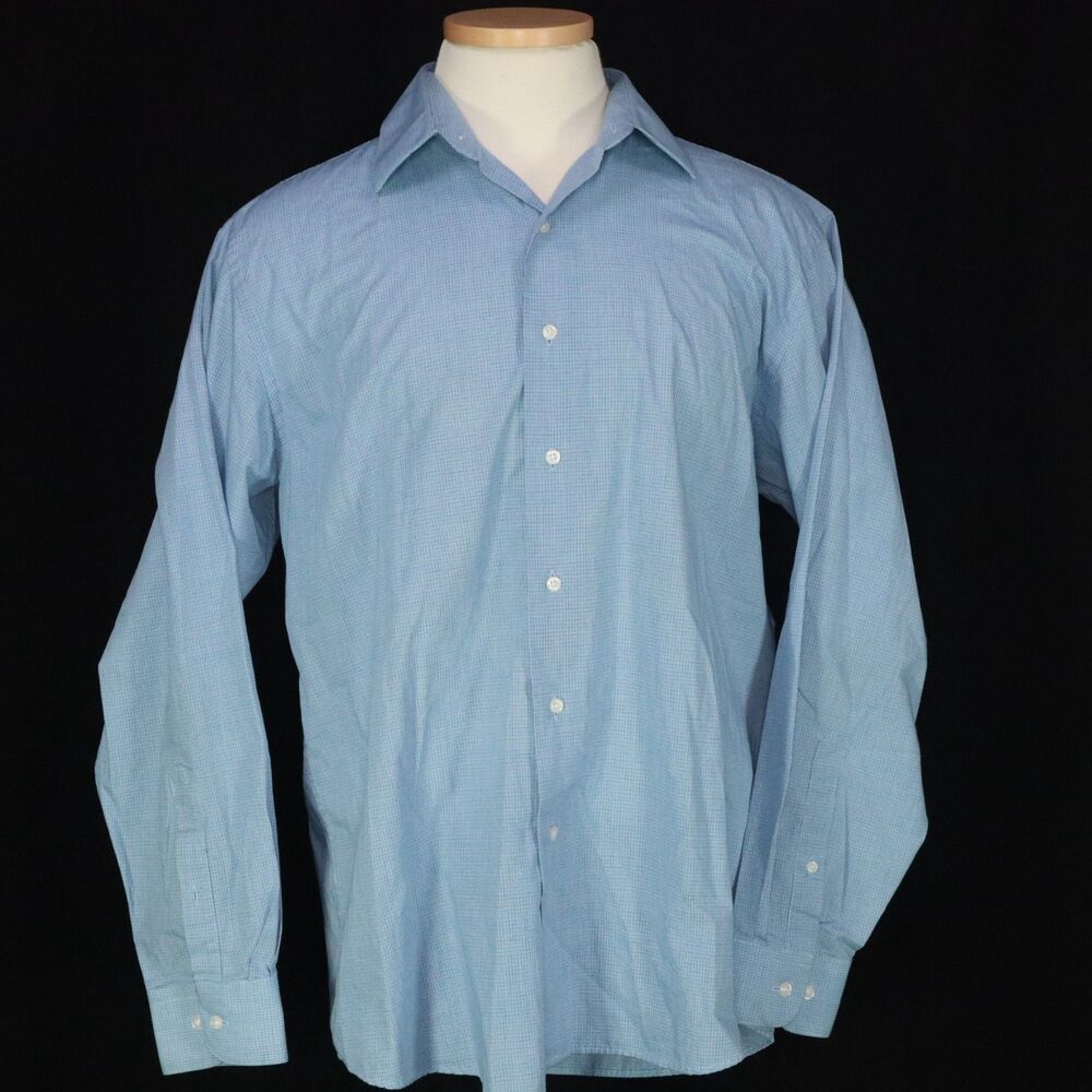 Architect Button Down Long Sleeve Micro Plaid Blue Shirt  Large 16-16.5 - 34/35
